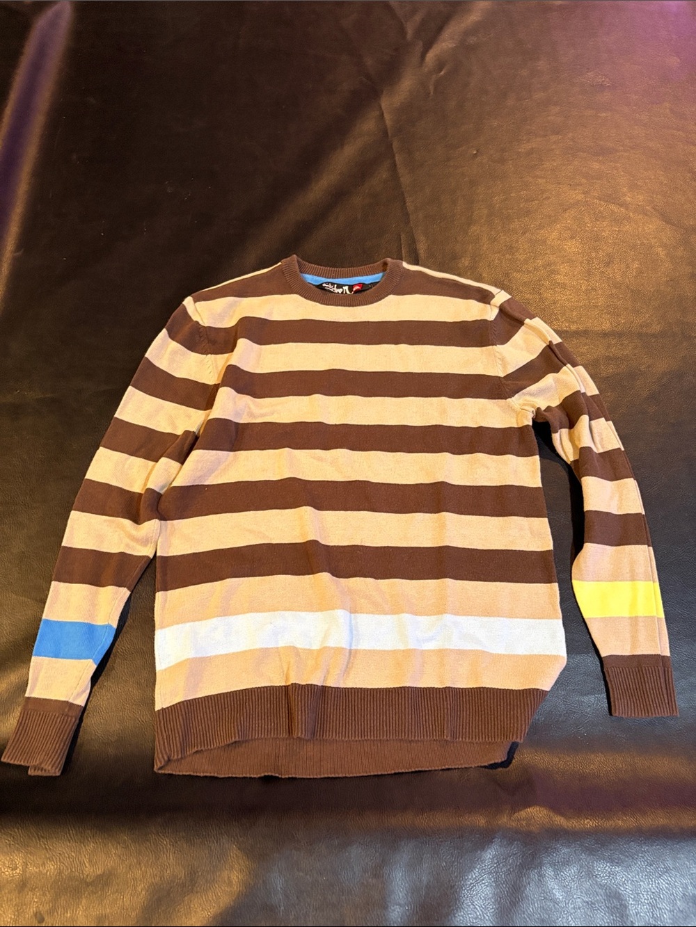 Quiksilver Brown and Cream Striped Crewneck with Blue and Yellow Accents